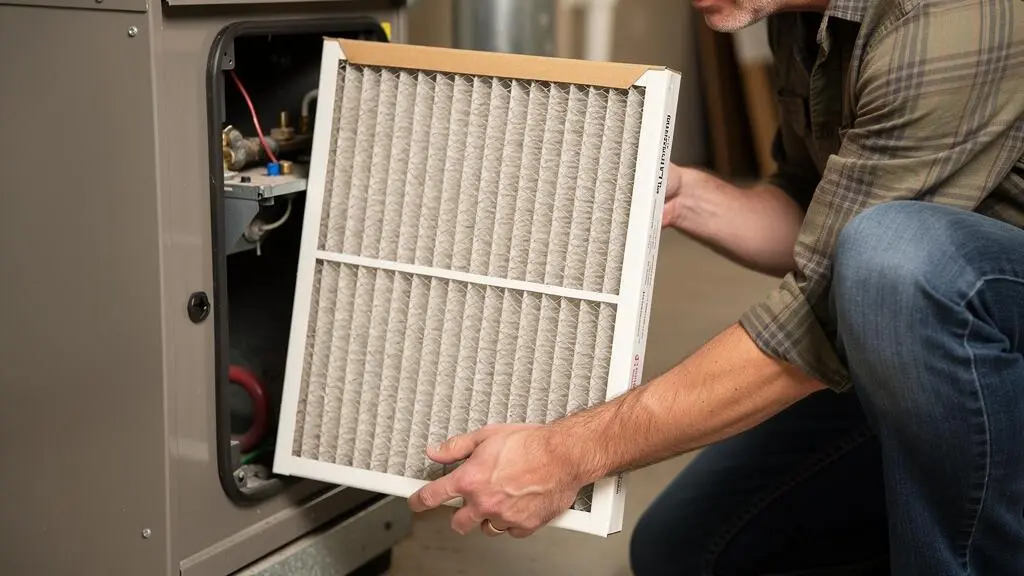 Propriétaire retirant le filtre à air d'une fournaise résidentielle pour inspection lors de l'entretien préventif