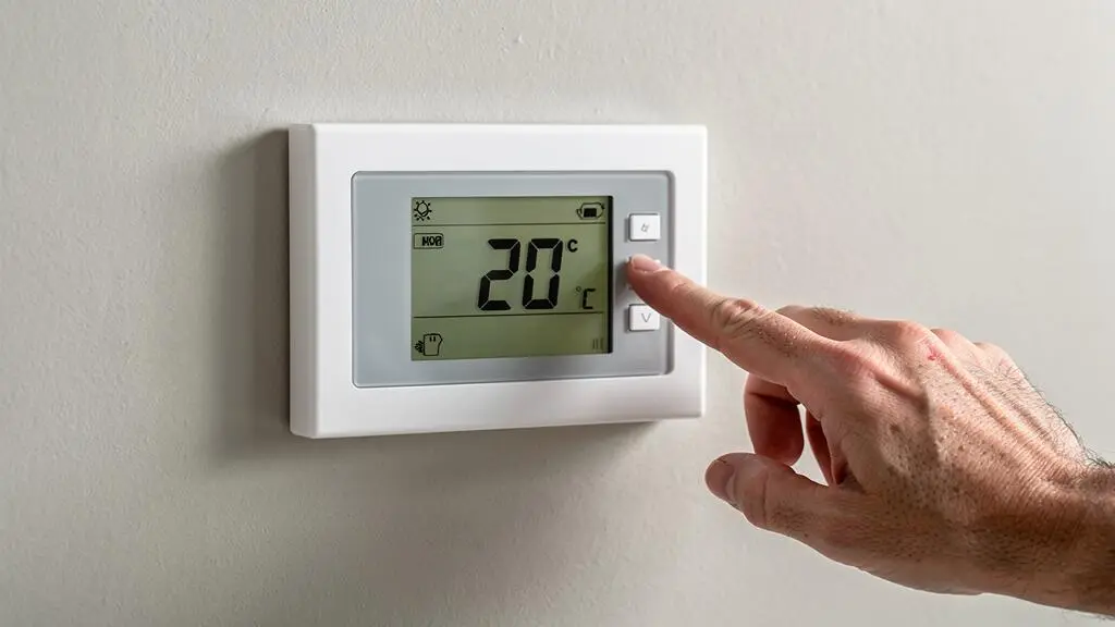 Main ajustant un thermostat programmable résidentiel pour vérifier les réglages de température avant l'hiver