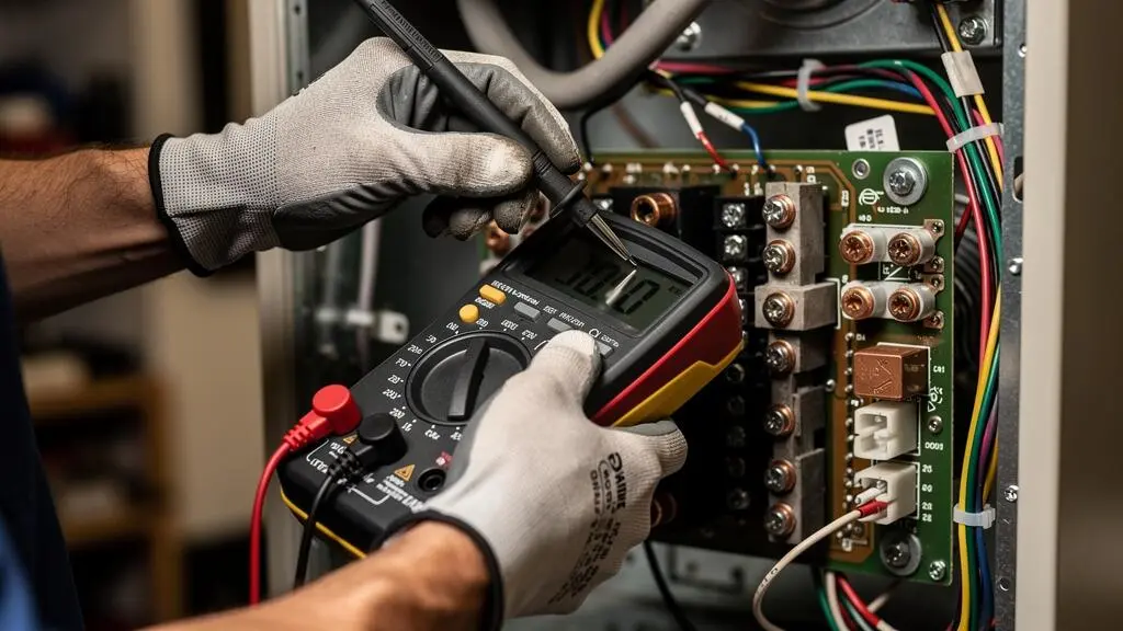 Technicien CVAC utilisant un multimètre pour tester les composants électriques d'une fournaise lors d'un diagnostic professionnel