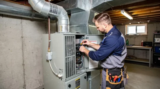 Technicien CVAC certifié effectuant l'entretien préventif d'une fournaise résidentielle dans un sous-sol québécois
