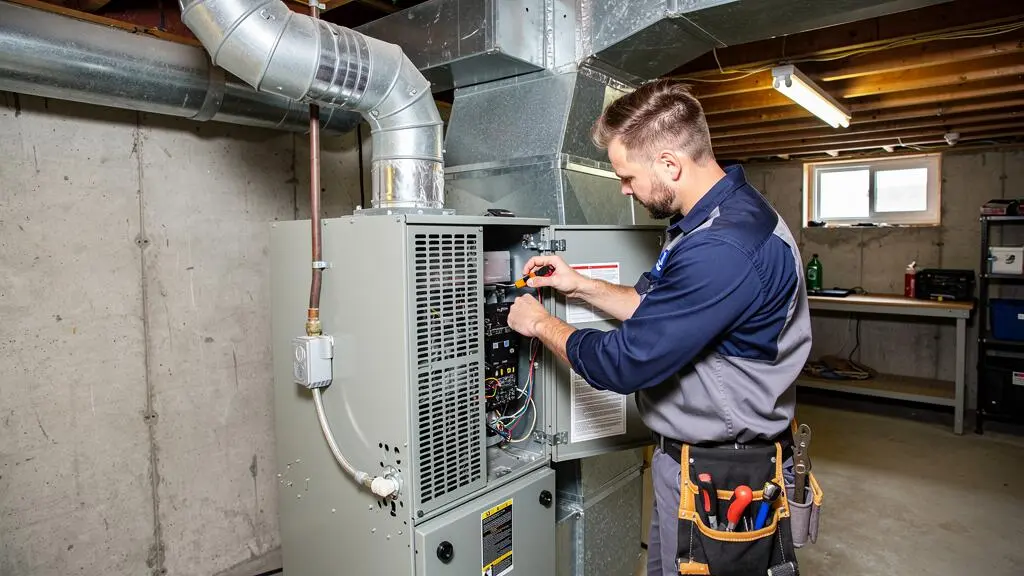 Technicien CVAC certifié effectuant l'entretien préventif d'une fournaise résidentielle dans un sous-sol québécois